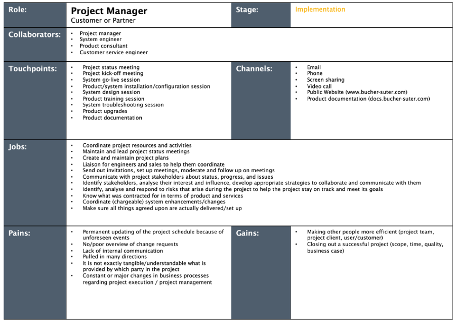 a table showing an example of a b+s Hub user persona