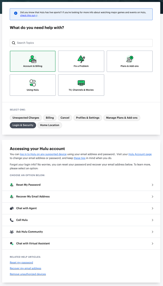 Screenshot of Hulu Support Page