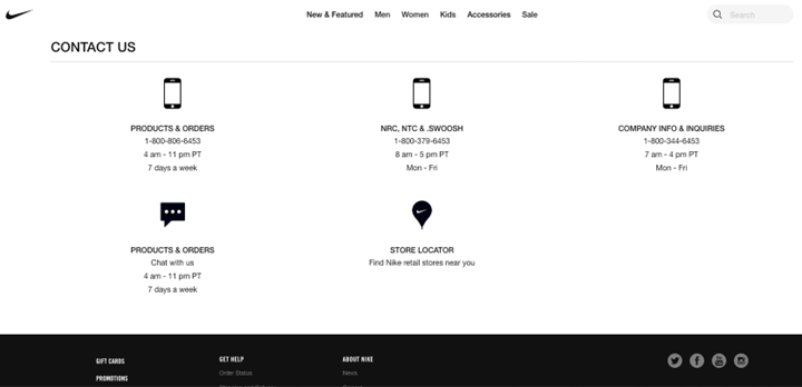 Screenshot of Nike Support Page