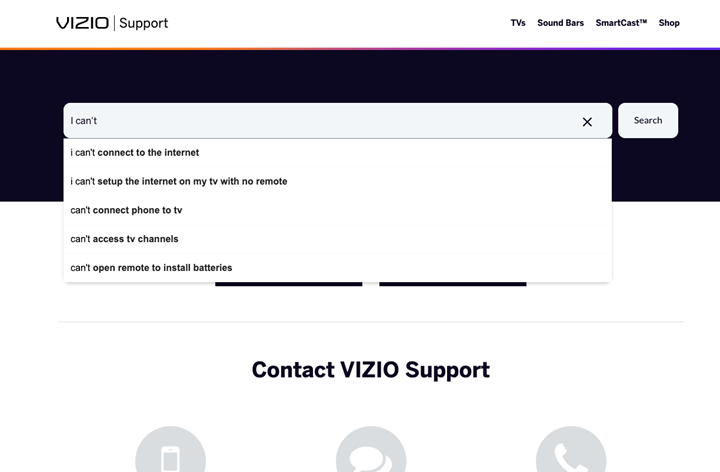 Vizio Screenshot of support page