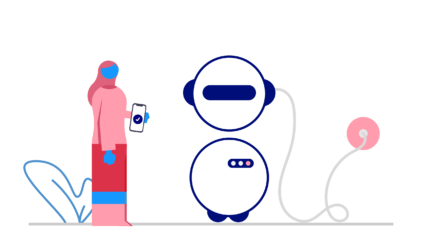 customer with phone that controls something and nexrt to her a robot showing the data-driven-automation