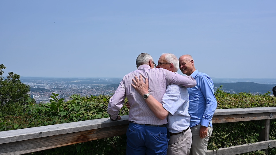 Image of Dani Suter, Ruedi Noser, and Herbert Ender at Dani's retirement in 2023